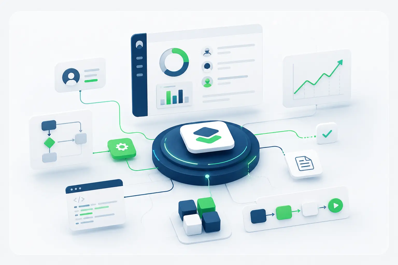 „Illustration einer vernetzten digitalen Plattform: Ein zentrales System verbindet Benutzerprofile, Dashboards, Workflows, Code, Dokumente und Automatisierungsprozesse und visualisiert so integrierte Geschäftsprozesse und Datenflüsse.“
