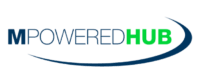 MPoweredHub Logo mit blau-grünem Schriftzug und geschwungener blauer Linie.