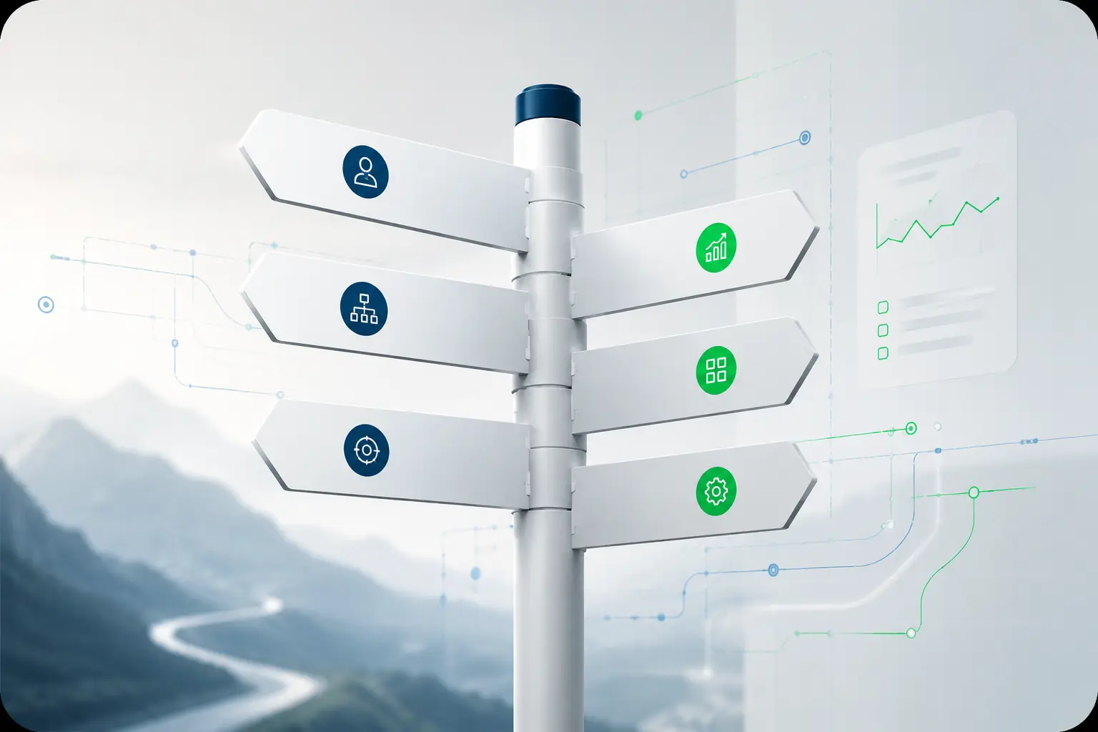 „Illustration eines digitalen Wegweisers mit Symbolen für Nutzer, Prozesse, Ziele, Wachstum, Anwendungen und Einstellungen. Im Hintergrund visualisieren Datenlinien und Diagramme verschiedene Wege zur digitalen Transformation und Prozessoptimierung.“