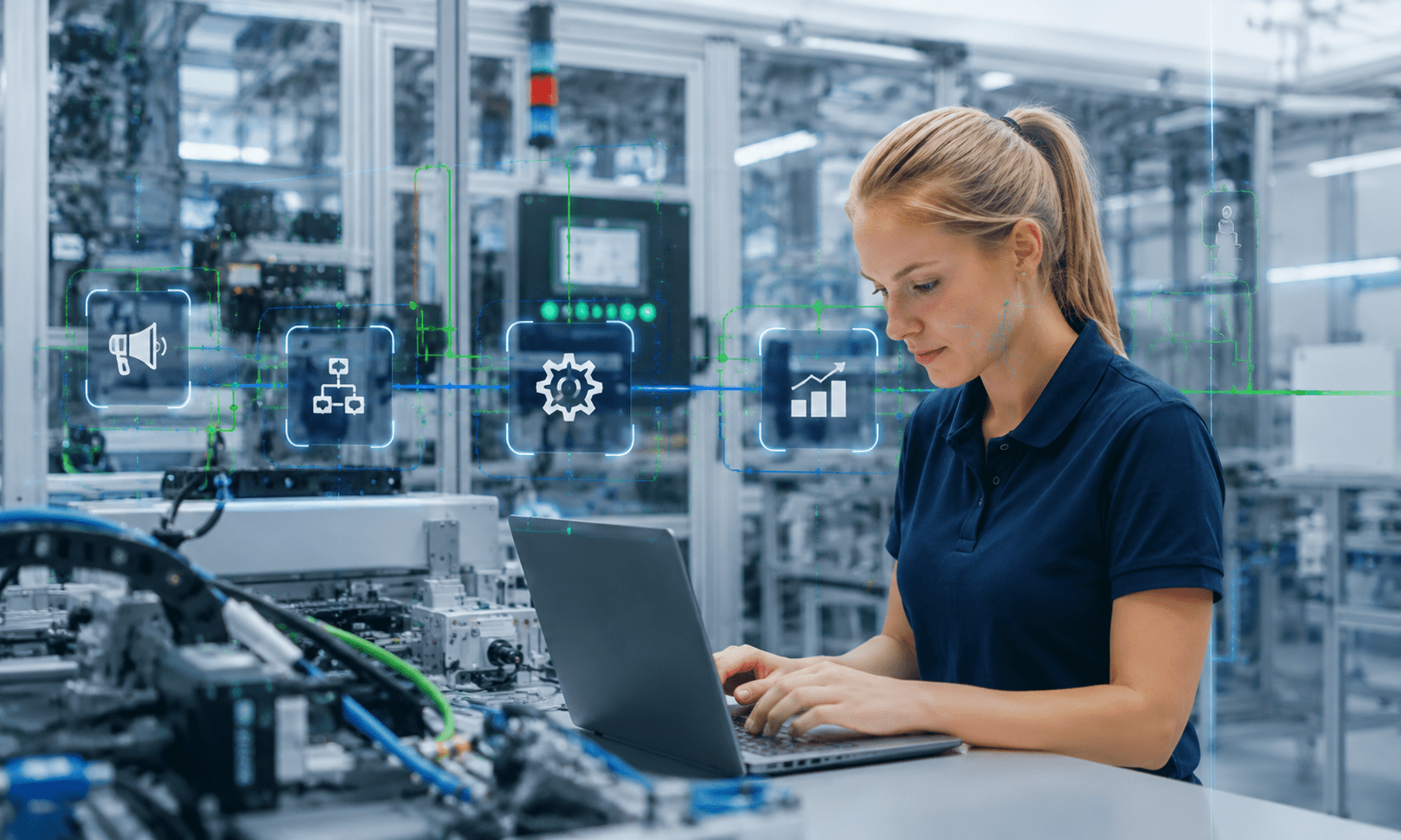 Eine Frau die am Laptop arbeitet und im Gedankenprozess ist