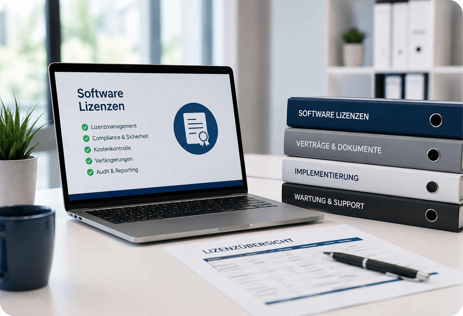 Laptop mit Softwarelizenzen und Ordner mit Verträgen und Dokumenten