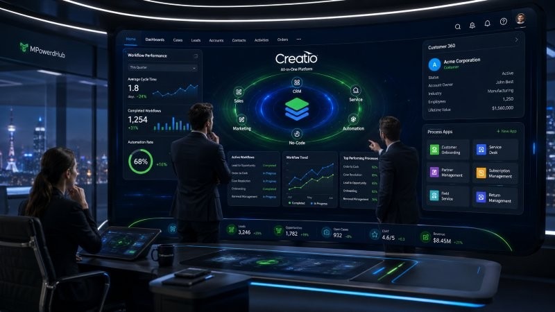 B2B-Team arbeitet mit Creatio Dashboard für Sales, Service, Marketing und Automatisierung