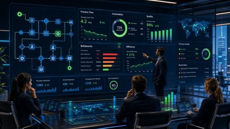 Management betrachtet BPM-Dashboard mit Workflows, Prozesskennzahlen und Automatisierung