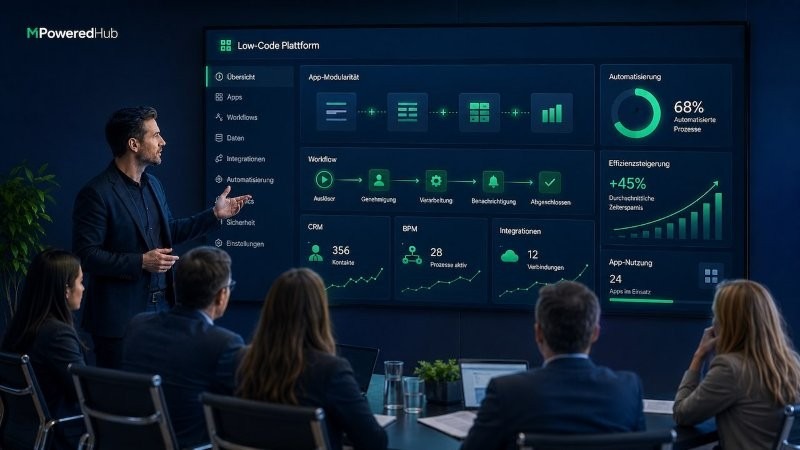 Präsentation eines Low-Code-Dashboards mit Workflow-, CRM- und Integrations-KPIs